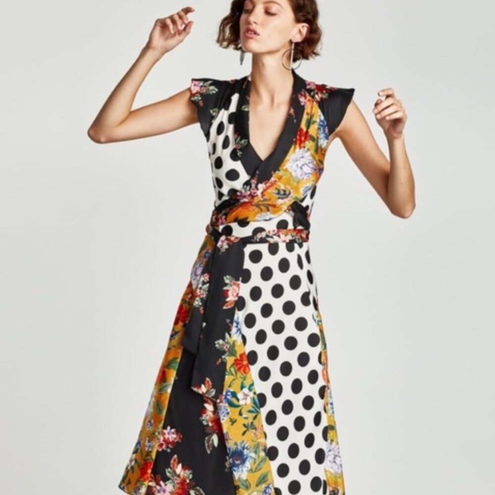 Black Floral & Polka Dot Patchwork Midi Dress Zara Size S